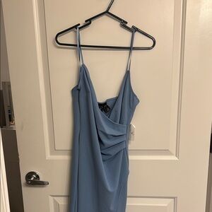 Windsor Blue Asymmetrical Ruched Maxi Dress